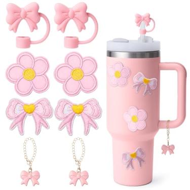 Imagem de 8 peças de acessórios para copos Stanley, acessórios Stanley | 2 peças de enfeite de canudo de laço de silicone, 2 pingentes de alça de laço, 2 peças de garrafas de água, adesivos para decoração (rosa