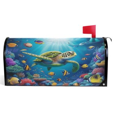 Imagem de TSENQUE Capas decorativas para caixa de correio magnética, envoltórios de caixa de correio de vinil, à prova de intempéries, decoração de caixa de correio, tartarugas marinhas vibrantes, peixes