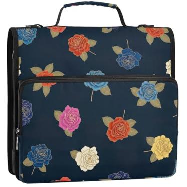 Imagem de Organizador de fichário com zíper, elegante, estampa floral, 3 anéis, anel D, bolsa para fichários escolares de negócios com alça de ombro, estojo portfólio de armazenamento com alça, 34,5 x 31,5 x