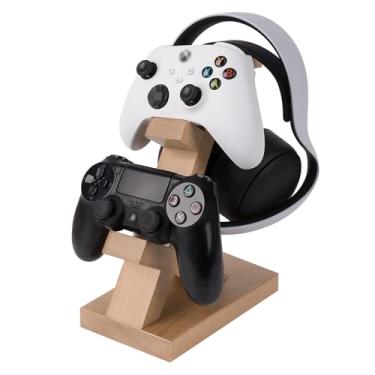 Imagem de Geekria Suporte duplo de madeira maciça para gamepad e fone de ouvido, suporte de armazenamento de controle para PS4, PS5, Xbox, Switch, 8BitDo, acessórios universais para jogos de mesa (marrom claro)
