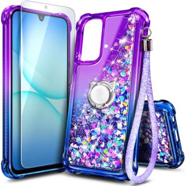 Imagem de WDHD Capa de telefone compatível com Samsung Galaxy A26-5G roxa/azul | Capa fofa com glitter brilhante brilhante com cachoeira líquida flutuante para mulheres meninas crianças com suporte de anel