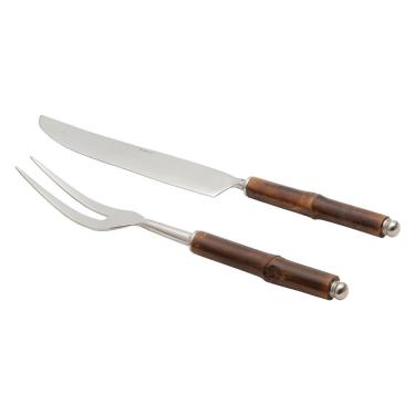 Imagem de Conjunto 2 Peças Faca E Garfo Aço Inox Para Assado Com Cabo Em Bambu Wolff