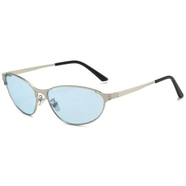 Imagem de Óculos de Sol Punk Olho de Gato Metálicos Unissex com Proteção UV400 para Esportes ao Ar Livre, Corrida e Ciclismo, Prata e Azul