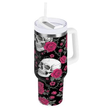 Imagem de SEHANY Copo de caveira e rosas de 1,18 l com alça, copo isolado de aço inoxidável a vácuo de parede dupla, à prova de vazamento, caneca de café isolada para viagem cabe no suporte de copo de carro