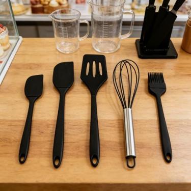 Imagem de Conjunto de 5 espátulas de silicone premium, utensílios de cozinha resistentes ao calor para assar e panelas antiaderentes (preto)