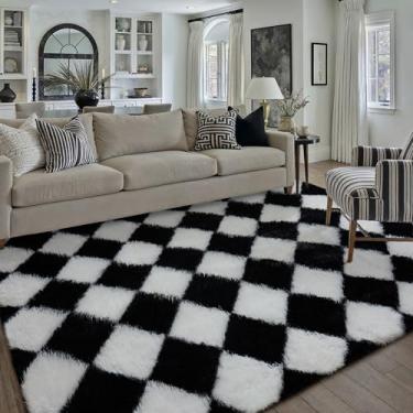 Imagem de HUGEAR Tapete quadriculado 12 x 18 cm, preto, branco, moderno, macio, macio, lavável, tapete interno felpudo aspirável para quarto, decoração de casa, antiderrapante