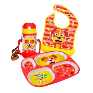 Imagem de Kit Alimentação Infantil – Prato de Melamina com Divisórias, Babador de Silicone e Garrafinha Plástica com Canudo | Presente para Bebês e Crianças Pequenas – Linha Meus Melhores Amigos