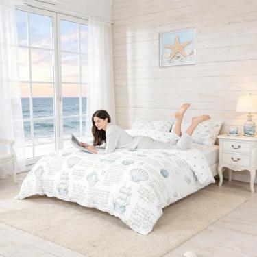 Imagem de Conjunto de cama solteiro do oceano costeiro, concha, concha, veleiro, conjunto de capa de edredom 2 peças para decoração de quarto de crianças, meninas, meninos, adultos, mar, praia, náutico, azul