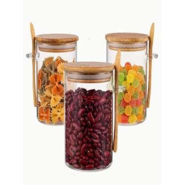 Imagem de Kit 3 Pote com Tampa Bambu c/colher 400ml Vidro Hermético