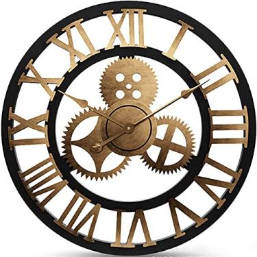 Imagem de AkosOL Grande metal, vintage 3D numerais romanos relógios de parede industrial engrenagem retro relógios decoração para sala de estar restaurante escritório bar cozinha, preto + prata, 45 cm, 60 cm