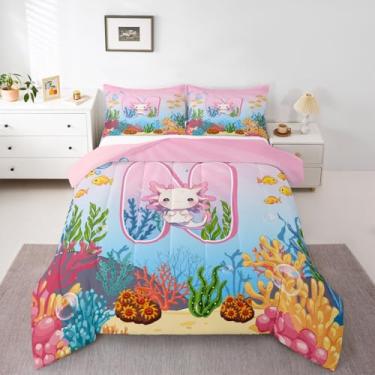 Imagem de Erosebridal Conjunto de edredom queen com axolote kawaii rosa, para meninas, desenho animado fofo com letra N, para crianças, adolescentes e adultos, jogo de cama com salamandra de animais do oceano