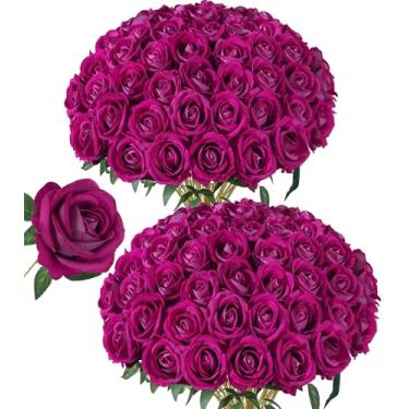Imagem de 50 peças de rosas artificiais de flores, rosas falsas com caule, rosas de seda magenta realistas para buquês de casamento, mesa de centro de mesa, arranjos de chá de bebê, aniversário, decoração de