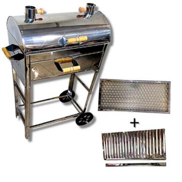 Imagem de Churrasqueira A Bafo Grande Inox Kit 2 Grelhas Parrila Moeda - GS