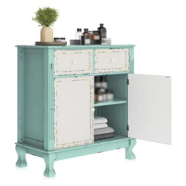 Imagem de CFGH6FDF Exibe armário de entrada de madeira, baú de armazenamento vintage com detalhes tradicionais de fazenda antiga, com gaveta e prateleira ajustável, decoração de sala de estar em dois tons todos