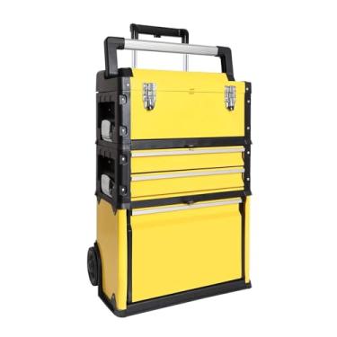 Imagem de Organizador de caixa de ferramentas de metal portátil empilhável com rodas e 2 gavetas, baú de ferramentas de carrinho vertical para garagem (amarelo)
