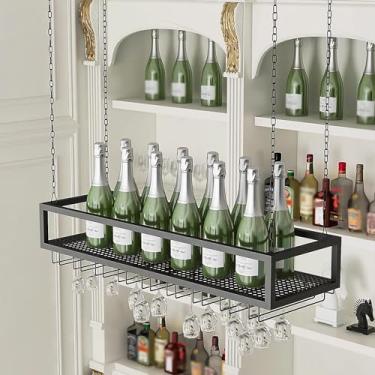 Imagem de Rack de copo de vinho de teto, rack de vinho suspenso de altura ajustável com suporte de vidro, suporte de garrafa de vinho de metal, suporte de armazenamento de exibição, para bar cozinha sala de