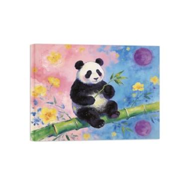 Imagem de Impressão em tela de arte de parede animal - Panda tocando bambu - Pintura de decoração moderna - Imagens para casa prontas para pendurar tela embrulhada 60 x 80 cm 24 x 31 polegadas
