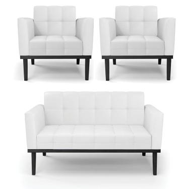 Imagem de Conjunto 2 Poltronas e 1 Namoradeira Decorativa Karen Pés Fixo em Madeira Preto PU Branco G19 - Gran Belo