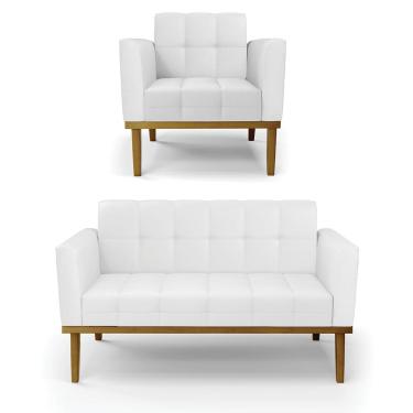 Imagem de Conjunto Poltrona e Namoradeira Decorativas Karen Pés Fixo em Madeira Castanho PU Branco G19 - Gran Belo