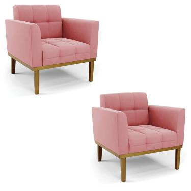 Imagem de Kit 2 Poltronas Decorativas Karen Pés Fixo em Madeira Castanho Suede Rose G19 - Gran Belo
