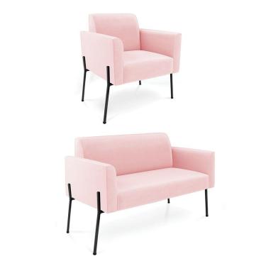 Imagem de Sofá Namoradeira E Poltrona Pé De Ferro Preto Marisa Suede D03 - D'rossi Cor Rosa Bebê