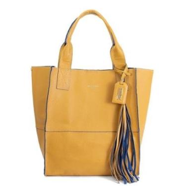 Imagem de Bolsa Feminina Em Couro Tiracolo Mostarda Com Azul "Emma Oliveira"-Feminino