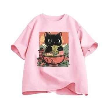 Imagem de Camiseta Feminina Casual De Manga Curta Com Estampa De Gato Preto Fofo