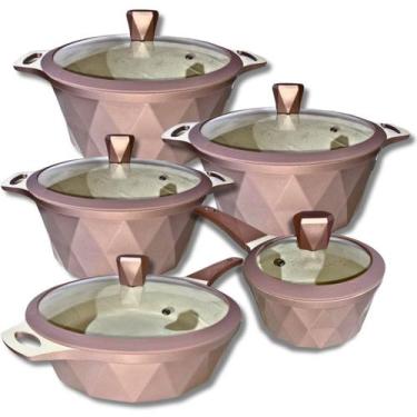 Imagem de Jogo 5 Panela Indução Cerâmica Marmoriza - Docesar, Rose, Bege