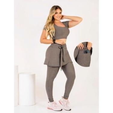 Imagem de Conjunto Calça Legging Saia Com Bolso Laço Top Cropped Moda Fitness Evangélica Academia...