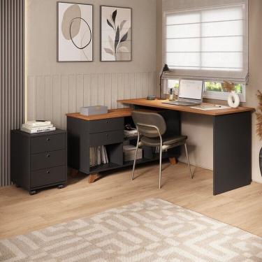 Imagem de Kit Home Office Completo Escrivaninha Mesa Escritório em L Gold com Gaveteiro Espresso Móveis Freijó/Preto