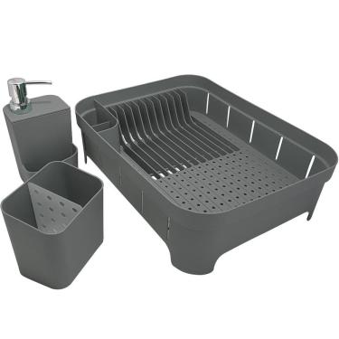 Imagem de Kit 3 Utensílios Escorredor De Louça Talher Porta Detergente Bege