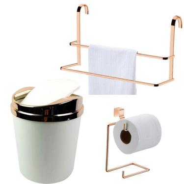 Imagem de Kit 3 Peças Banheiro Lixeira + Papeleira + Toalheiro Duplo Box Rosé Gold - Future