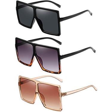 Imagem de Hilbalm 3 peças de óculos de sol para mulheres e homens, armação grande, óculos quadrados retrô, (Pacote com 3) Preto/Leopardo/Laranja, 66mm