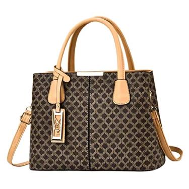 Imagem de Bolsa de mão clássica da moda para mulheres bolsa transversal de couro com alça superior xadrez grande bolsa com zíper, Caqui