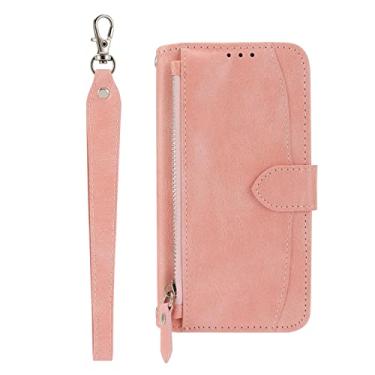 Imagem de YINGDAFENG Capa para Google Pixel 7, Vintage PU Couro Magnético Flip Alça de Pulso Zíper Porta Cartão Carteira com Recurso de Suporte e Proteção da Câmera Capa Interna TPU À Prova de Choque, Rosa