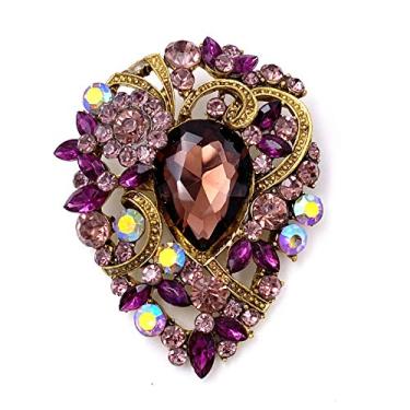 Imagem de Laxpicol broche feminino vintage austríaco cristal elegante flor lágrima tom dourado Roxa