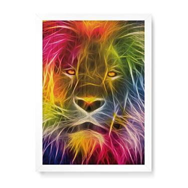 Imagem de Arte Maníacos Quadro Decorativo em Madeira Leão Colorido - 23x16,25cm (Moldura caixa em laca branca)