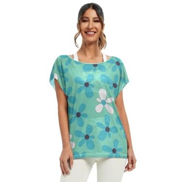Imagem de Camisetas femininas de manga curta com estampa floral azul-petróleo, manga morcego, camisetas casuais, Flores azul-petróleo, M