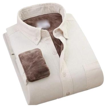 Imagem de Camisas quentes de veludo cotelê algodão felpudo grosso camisa masculina quente inverno roupas masculinas forradas com lã casacos de lã, Branco cremoso., PP