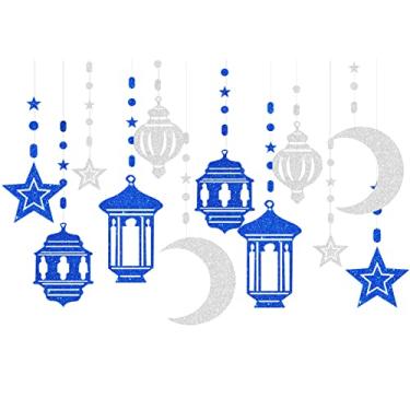 Imagem de Guirlanda de decoração de festa azul e prata Ramadã estrela-lua - 12 peças cintilante pequena estrela pendurada decoração flâmulas lanterna redemoinho, faixa de festa de casamento Eid Mubarak decoração panduola