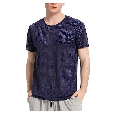 Imagem de Camiseta masculina atlética manga curta malha oca lisa secagem rápida camiseta de treino suave, Azul-escuro, XXG