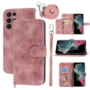 Imagem de Dswteny Capa carteira para Samsung Galaxy S24 Ultra 5G com alça de pulso alça de ombro transversal, capa de celular fina de couro PU em relevo para S24Ultra 24S S 24 24Ultra Mulheres Meninas Rosa