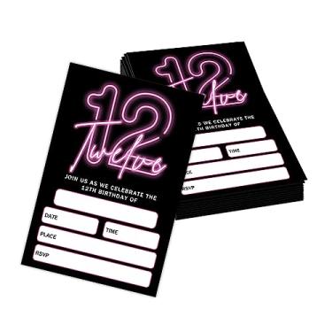 Imagem de Utaqer 10 x 15 cm Cartões de convite para festa de aniversário de 12 anos com envelopes conjunto de 20, rosa neon doze artigos de festa de aniversário para meninos, meninas, crianças ou adolescentes