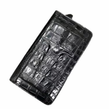 Imagem de Bolsa masculina autêntica de couro de crocodilo genuíno exótico couro de jacaré masculino com zíper marrom, Preto, 22cm(Length) x 13cm(Height) x 4cm(Deep)