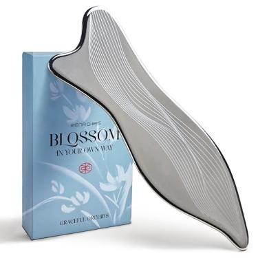Imagem de Rena Chris Ferramentas faciais Gua Sha de aço inoxidável - Acupressão e Gua Sha para massagem facial, escultura de mandíbula, redução de inchaço. Inclui bolsa de transporte e pano de limpeza -