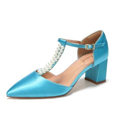 Imagem de Elivandon J1587 Sandália Feminina de Cetim Bico Fino Salto Médio 6cm Bloco Dupla Pérola Tira em T Noiva Festa Casamento Cor Azul Céu,Tamanho BR 34/EU 36