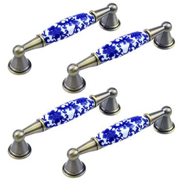 Imagem de MY MIRONEY Puxadores de armário de cerâmica, 4 peças, puxadores de gaveta de porcelana azul e branca, puxadores decorativos de estilo chinês antigo, puxadores de curativos decorativos, centros de furo