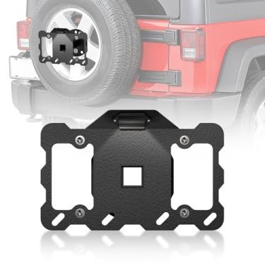 Imagem de YZONA Moldura de placa de licença de pneu sobressalente com luz LED compatível com Jeep Wrangler JK JKU & TJ e YJ 1987-2018 (2/4 portas), suporte de suporte de licença para realocação de quadros de