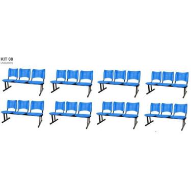 Imagem de Kit com 8 Cadeiras Longarina PLÁSTICA 03 Lugares Cor Azul Mastcmol