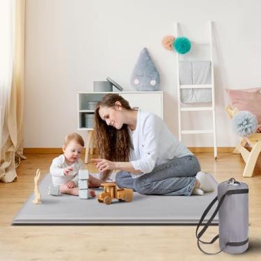 Imagem de HiMummy Tapete inflável de brincar de 119 cm x 119 cm para cercadinho, 3 cm de espessura, tecido impermeável com camada intermediária de esponja, fornece almofada suficiente para bebês e bebês, design